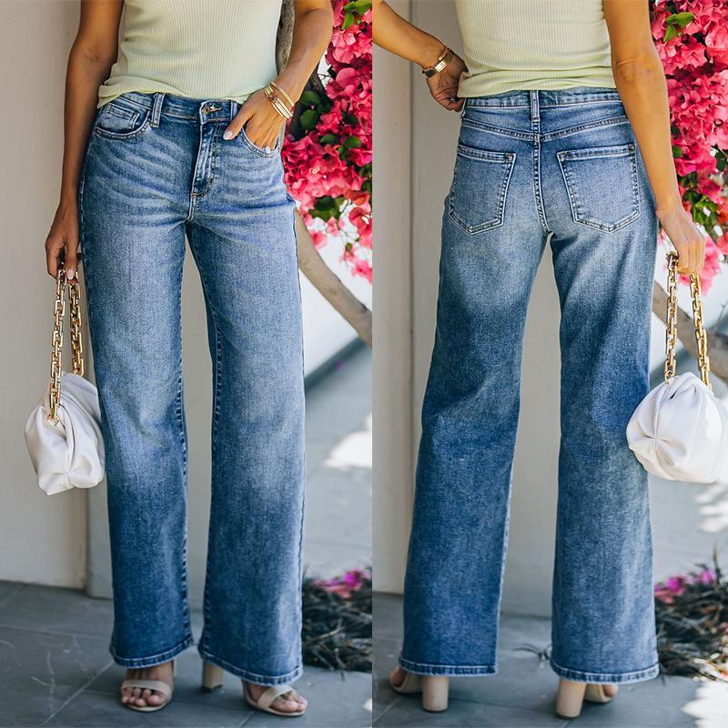 AB45XJ Eenvoudige jeans dames gewassen hoge taille broek wijde pijpen broek XL denimblauwe kleur