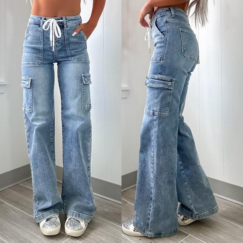 CB48DY Crew Jeans Dames Casual Lace-Up Multi-Pocket Functionele Werkbroek XXL lichtblauwe kleur