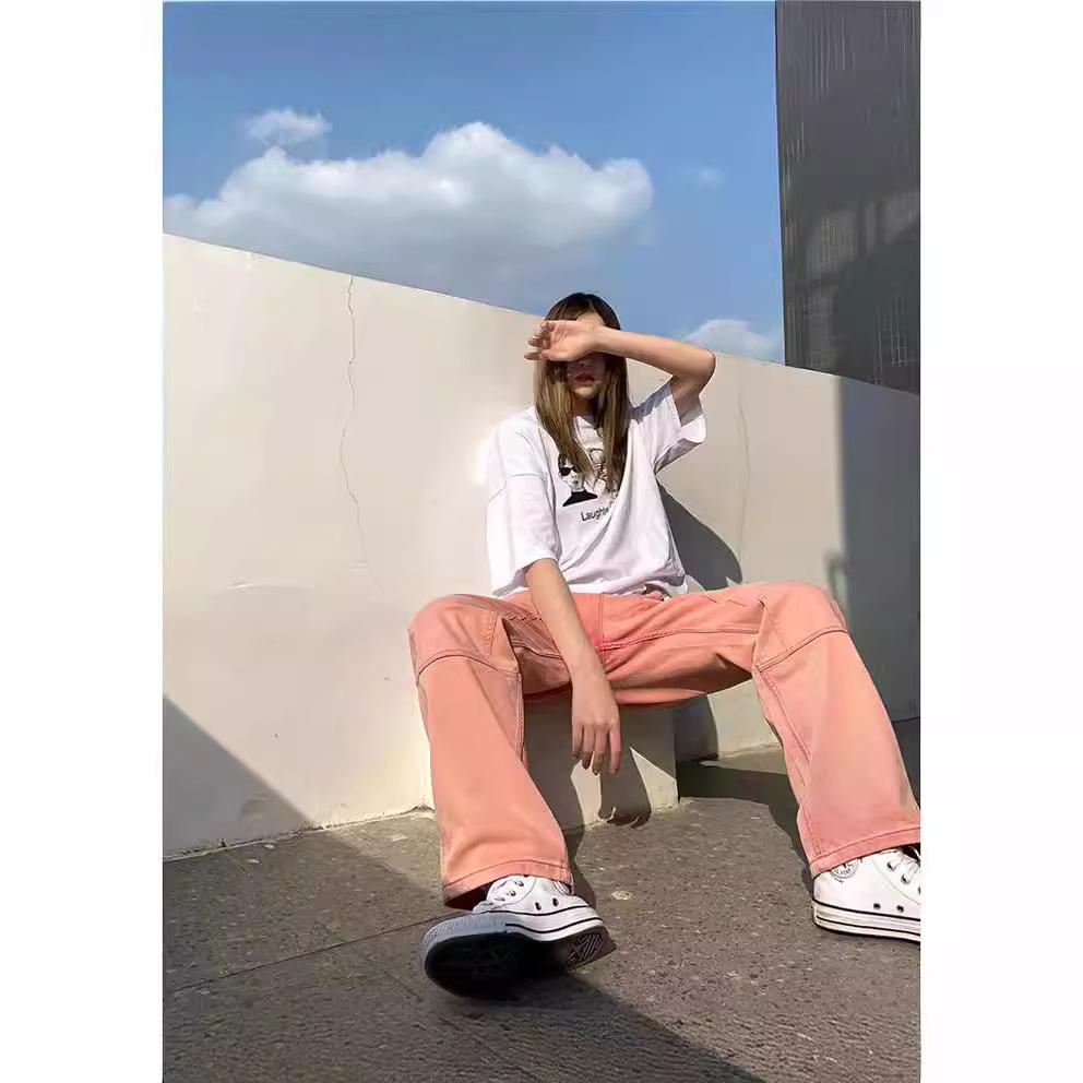 CB48DY Vintage wijde pijpen broek jeans hoge taille rechte roze jeans vrouwen zoete en pittige wijde pijpen jeans XL roze