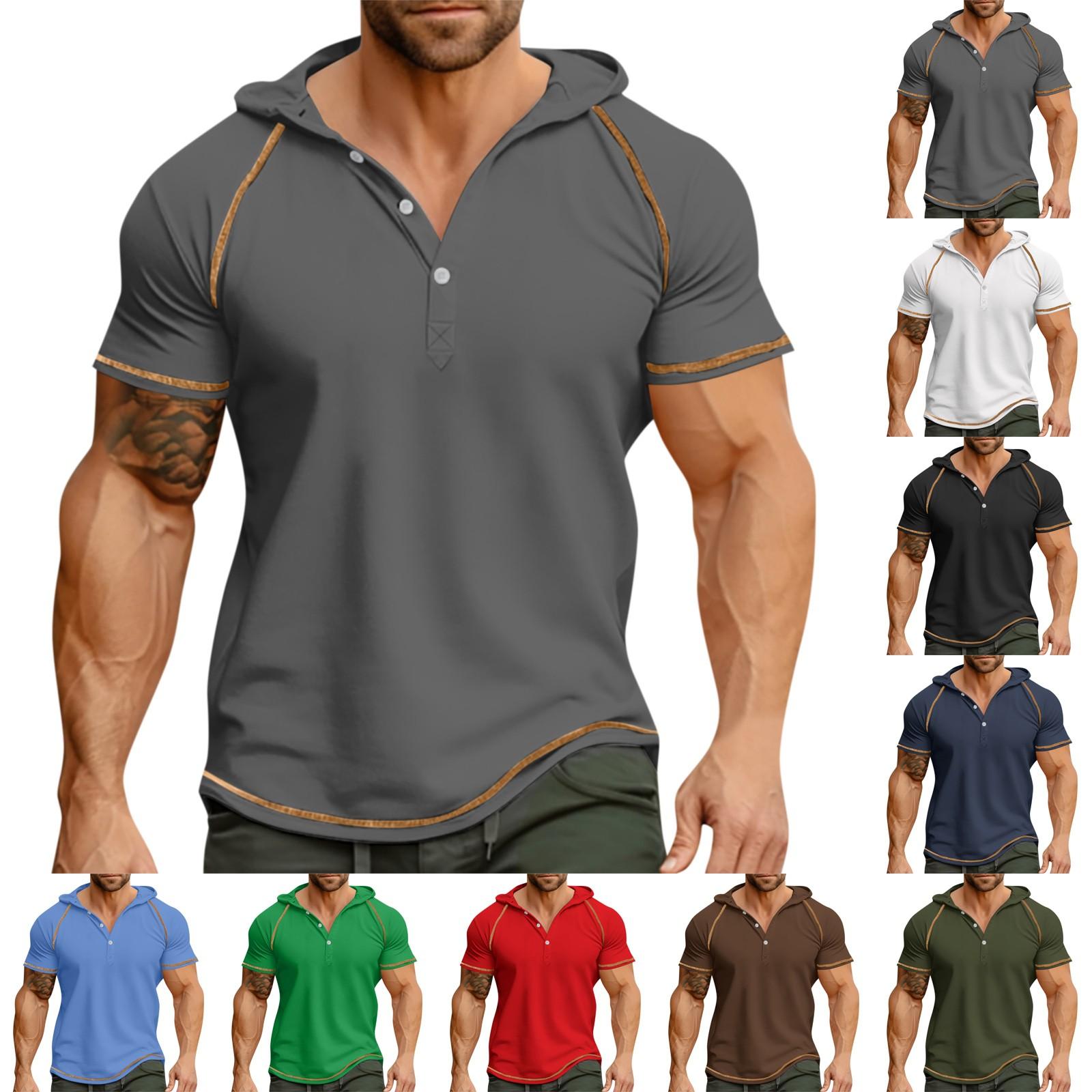 Wahaha123 Heren effen raglan shirt met drie knopen en capuchon M rood