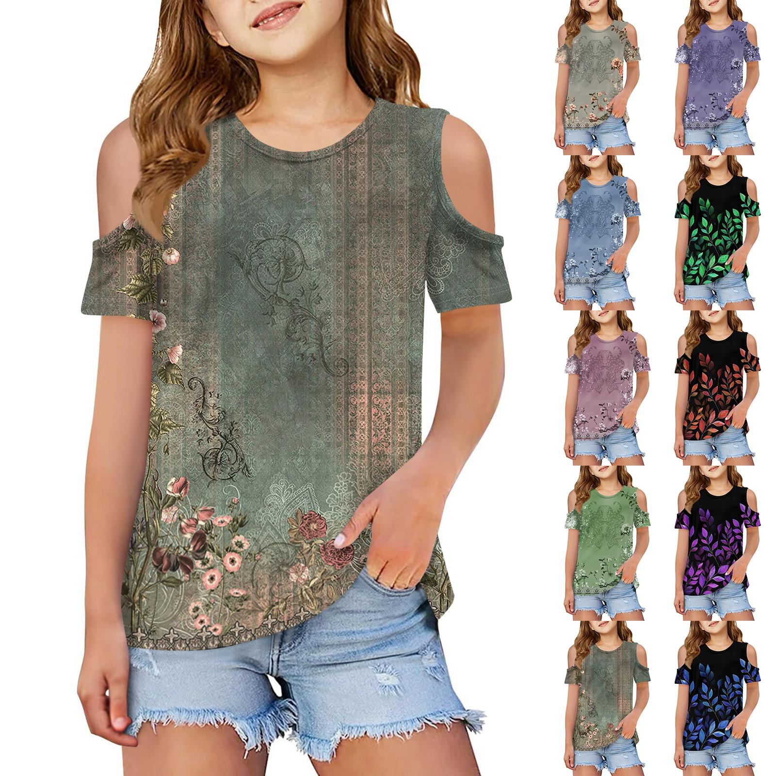 Wahaha123 Summer kids fashion off-the-shoulder T-shirt with a floral print collar 160 roze