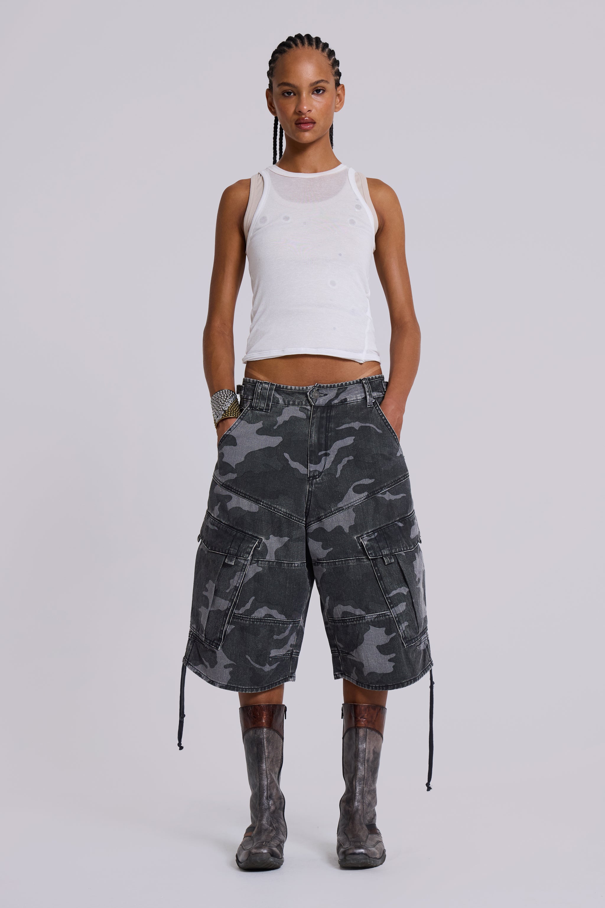 Jaded London Washed Black Cadet Camo Baggy Shorts