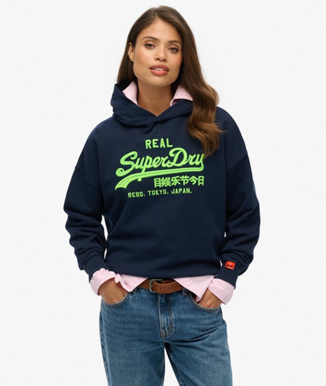 Superdry Vintage Logo Neon Hoodie met Relaxte Pasvorm Blauw