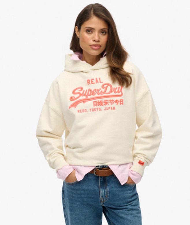 Superdry Vintage Logo Neon Hoodie met Relaxte Pasvorm Crème