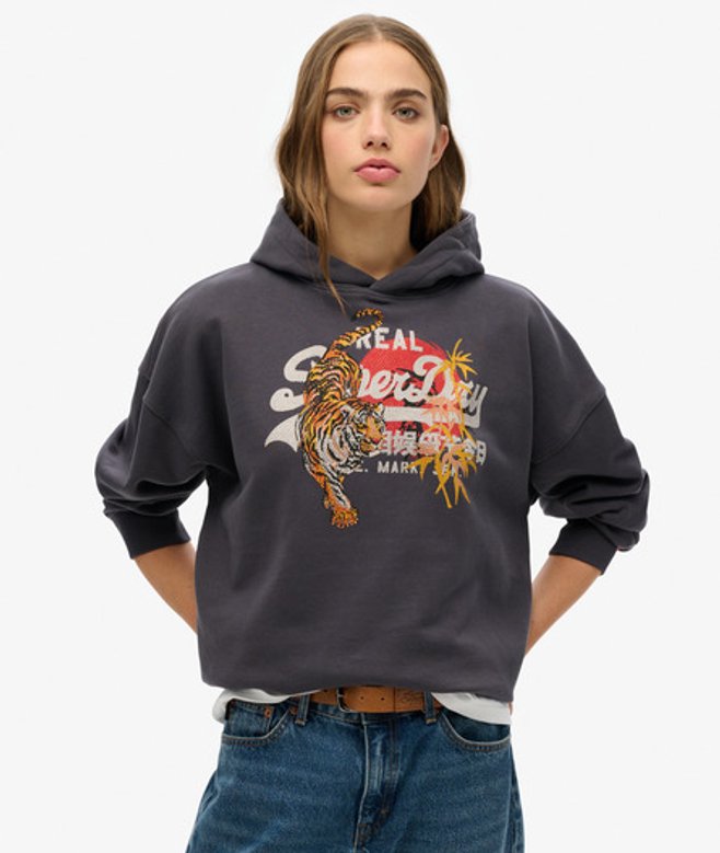 Superdry Tokyo Hoodie met Vintage Logo en Relaxte Pasvorm Dark Grey