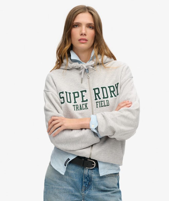 Superdry Boyfriend Hoodie met College-logo en Rits Lichtgrijs