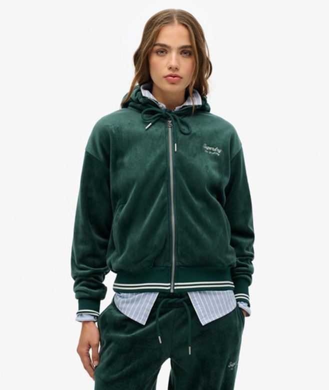 Superdry Country Club Velours Hoodie met Rits Green