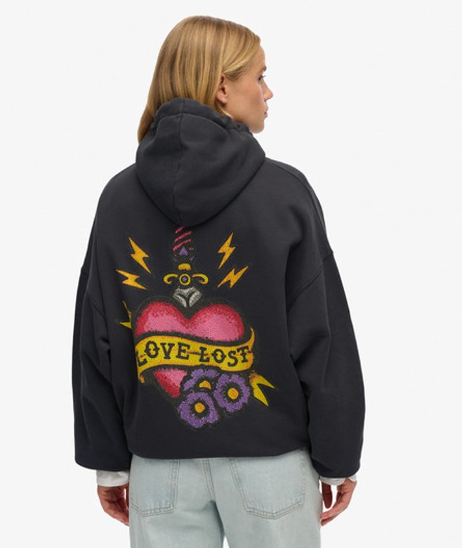Superdry Old School Tattoo Oversized Hoodie met Rits Dark Grey