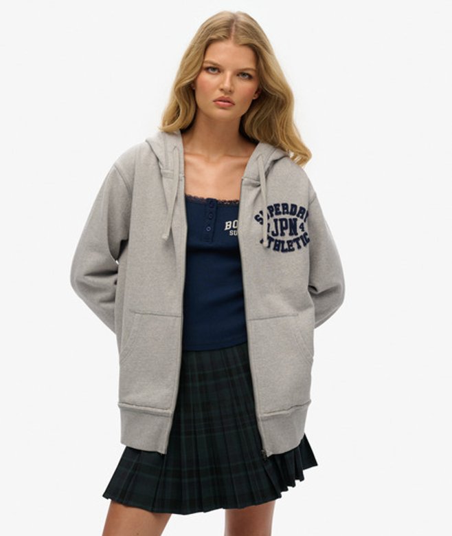 Superdry Oversized Vintage Athletic Hoodie met Rits Light Grey