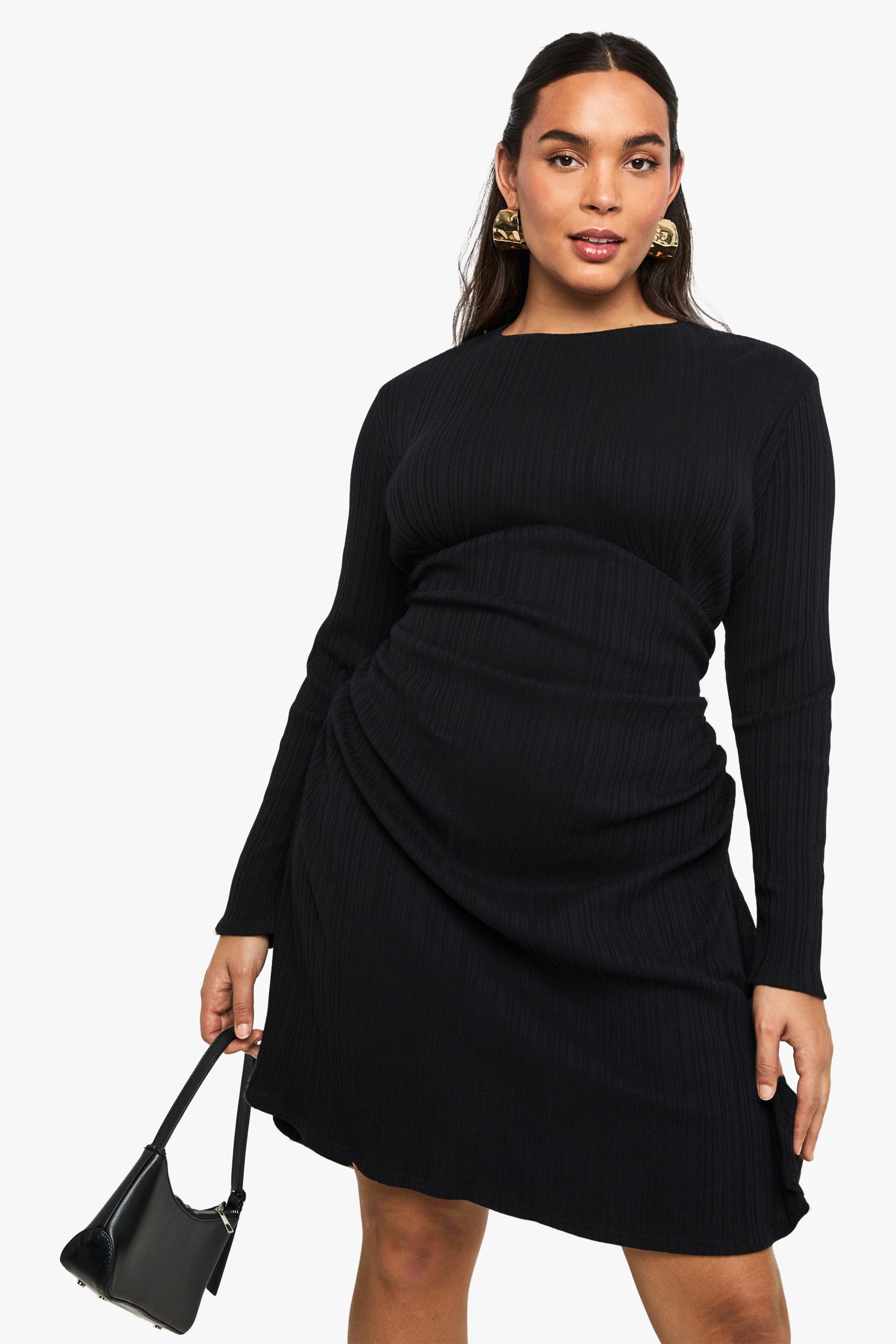 Boohoo Plus Cotton Rib Ruched Mini Dress, Black