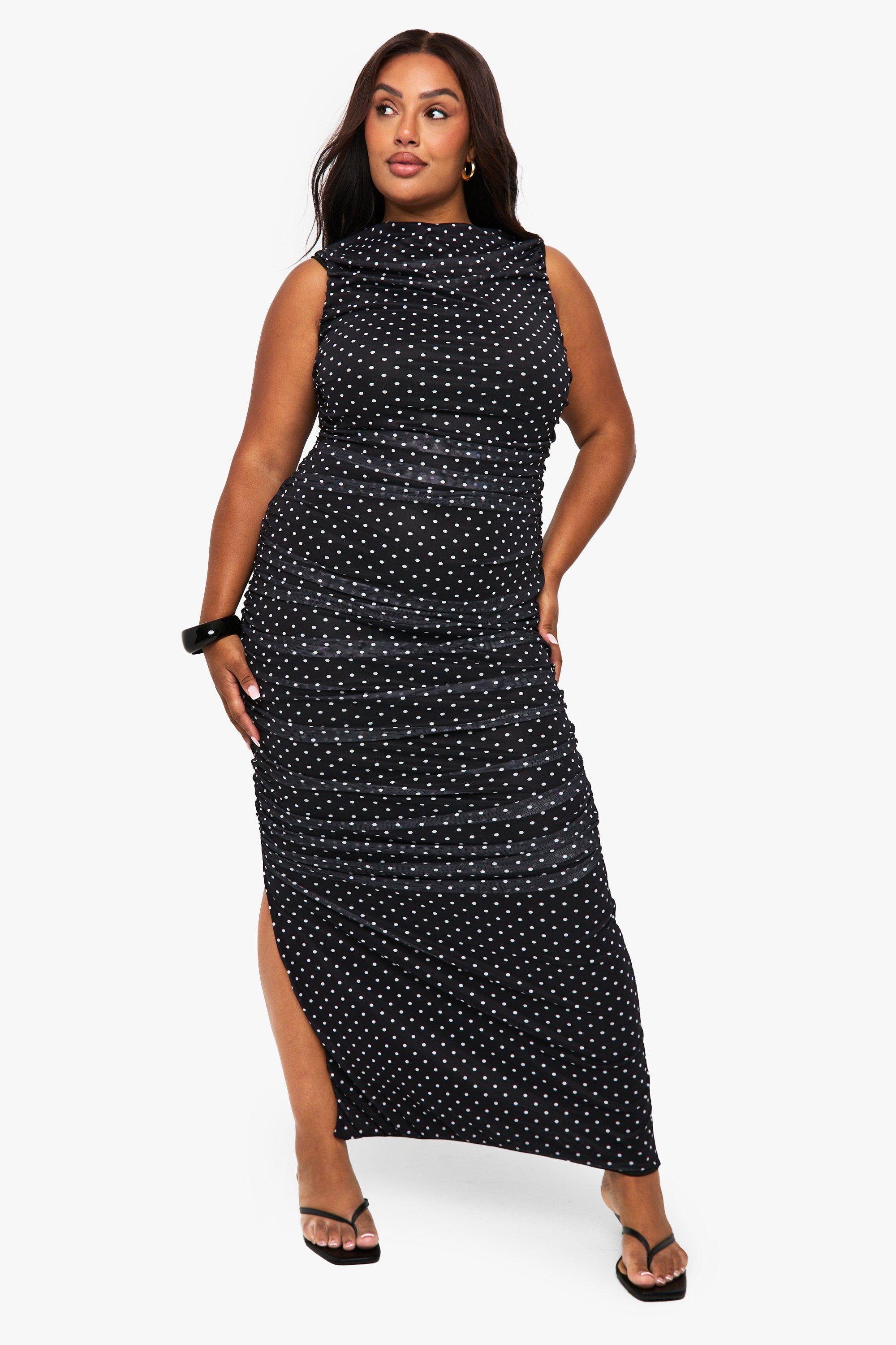 Boohoo Plus Mesh Polka Dot Ruched Maxi Dress, Black