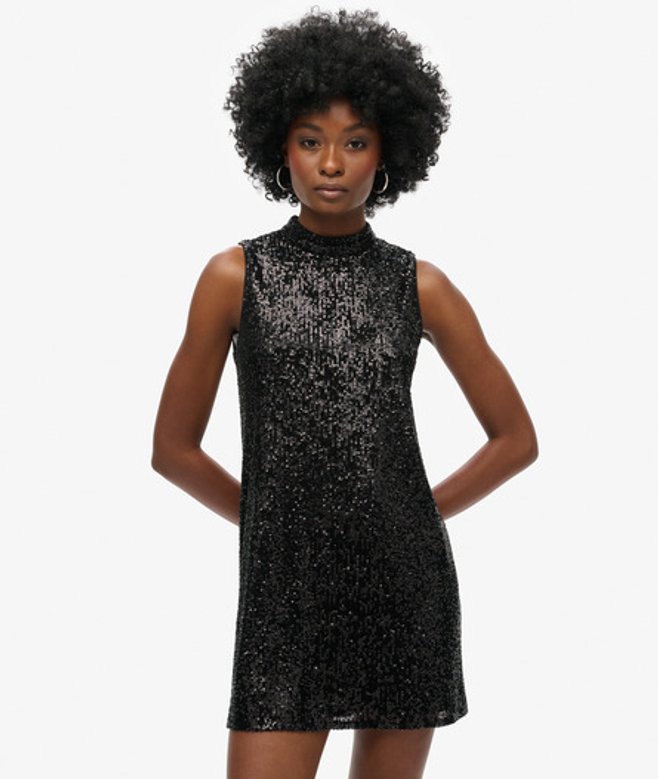 Superdry Mouwloze Mini-jurk met Lovertjes en A-lijn Black