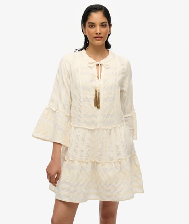 Superdry Ibiza Gelaagde Mini-jurk met Lange Mouwen White