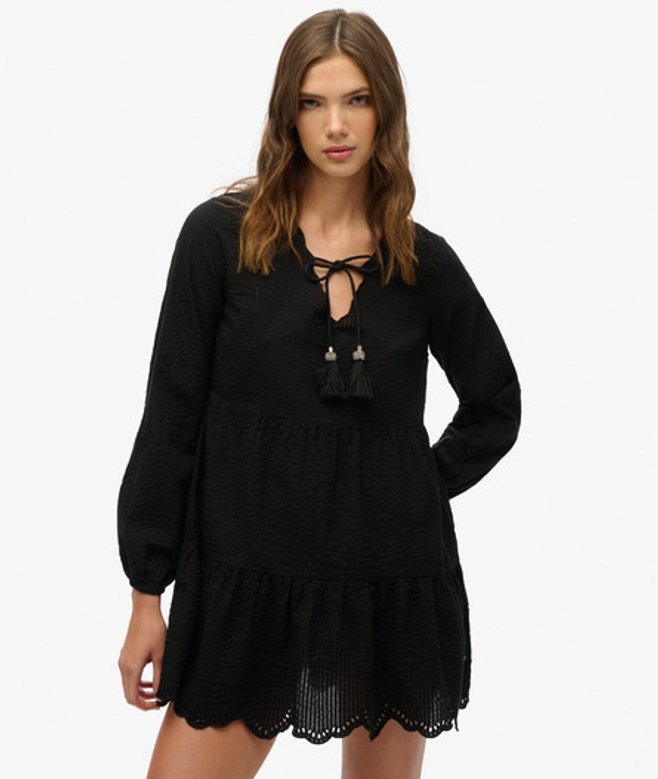 Superdry Gelaagde Mini-jurk van Broderiekant Black