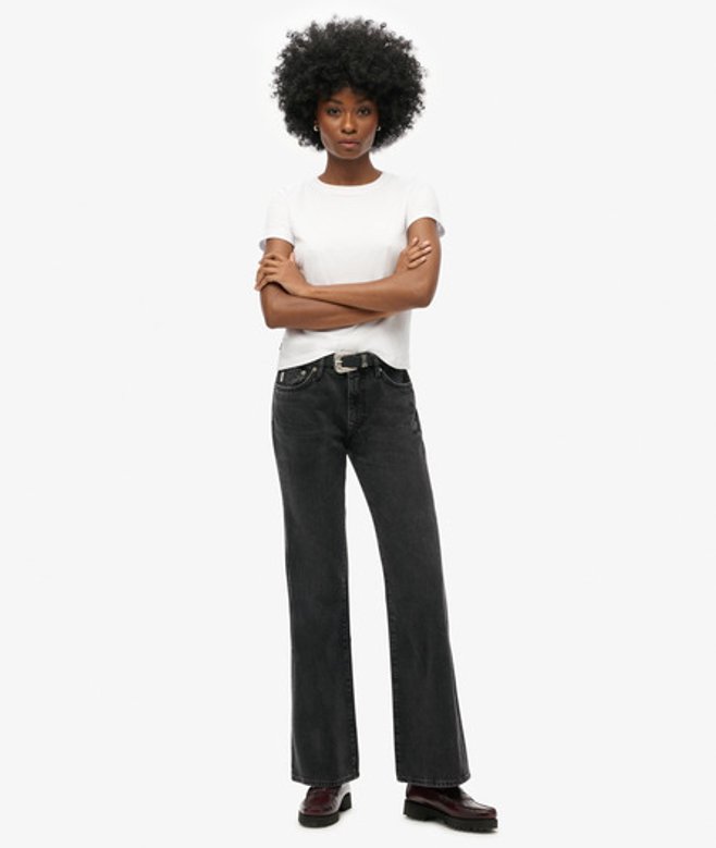 Superdry Slimfit Jeans met Middelhoge Taille en Wijduitlopende Pijpen Zwart