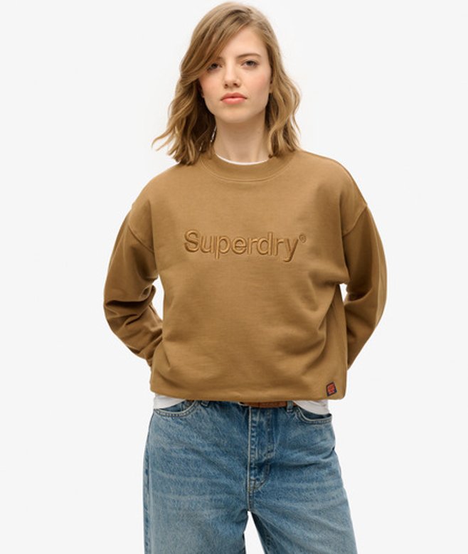 Superdry Embroidered Core Logo Loose Crew Sweatshirt Beige