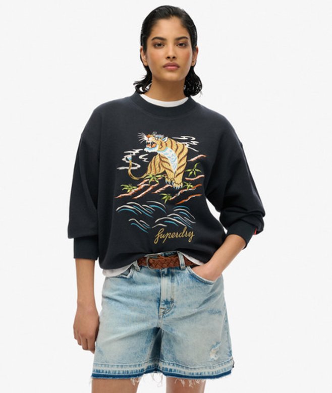 Superdry Wijdvallend Suika Sweatshirt met Ronde Hals en Borduursel Black