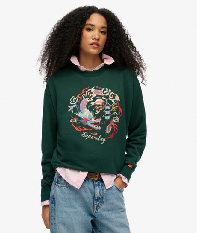 Superdry Wijdvallend Suika Sweatshirt met Ronde Hals en Borduursel Green