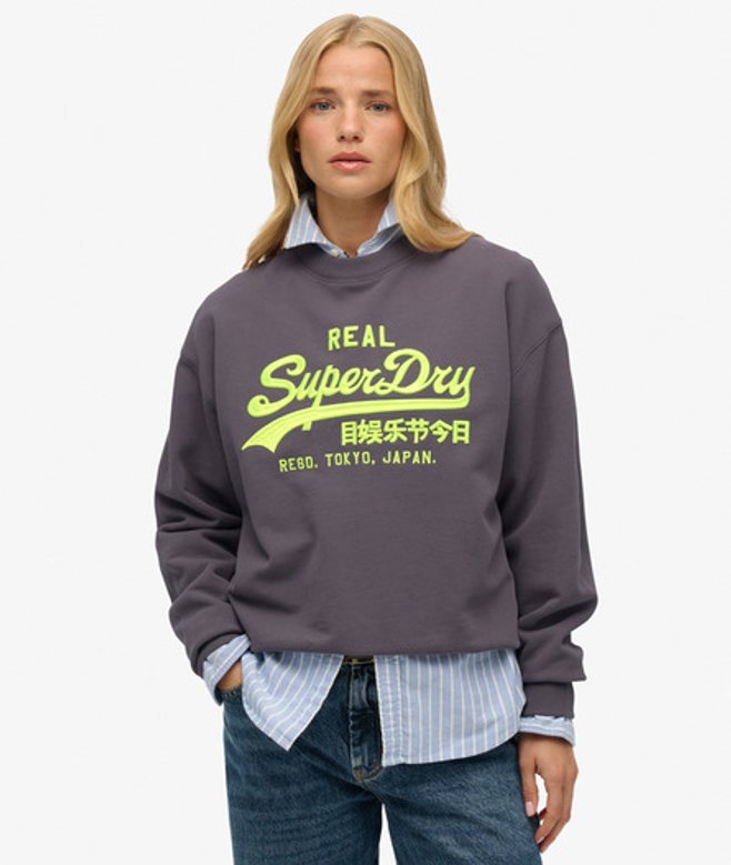 Superdry Vintage Logo Neon Sweatshirt met Losse Pasvorm Grey