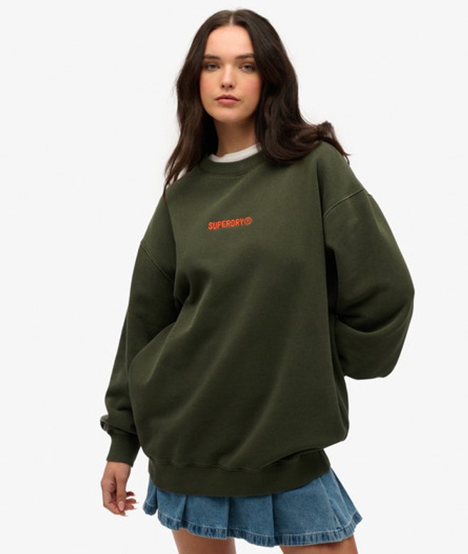 Superdry Oversized Grafisch Sweatshirt met Micrologo en Ronde Hals Khaki