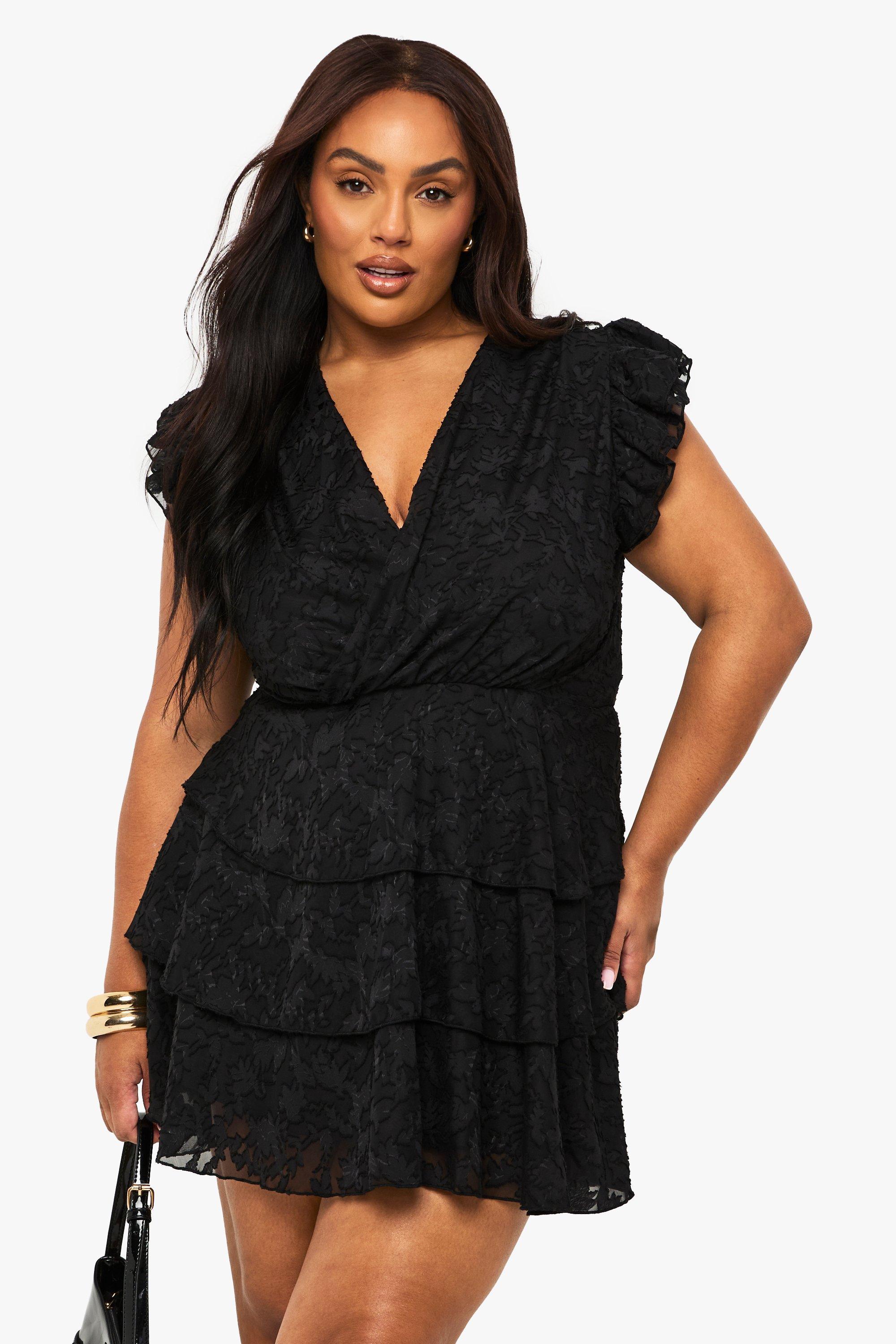 Boohoo Plus Devore Tiered Frill Mini Dress, Black