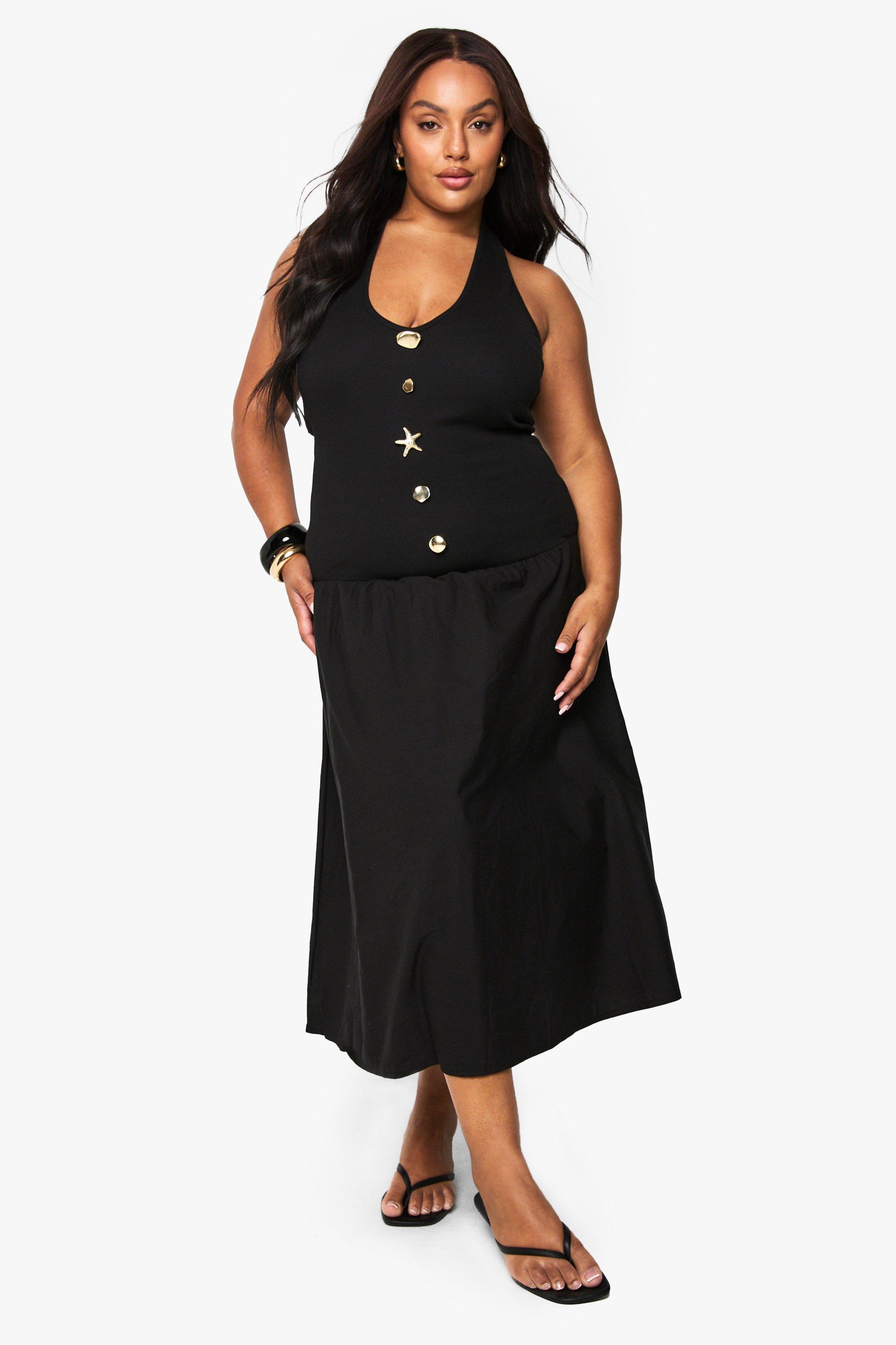 Boohoo Plus Starfish Gold Trim Rib Poplin Mix Midaxi Dress, Black