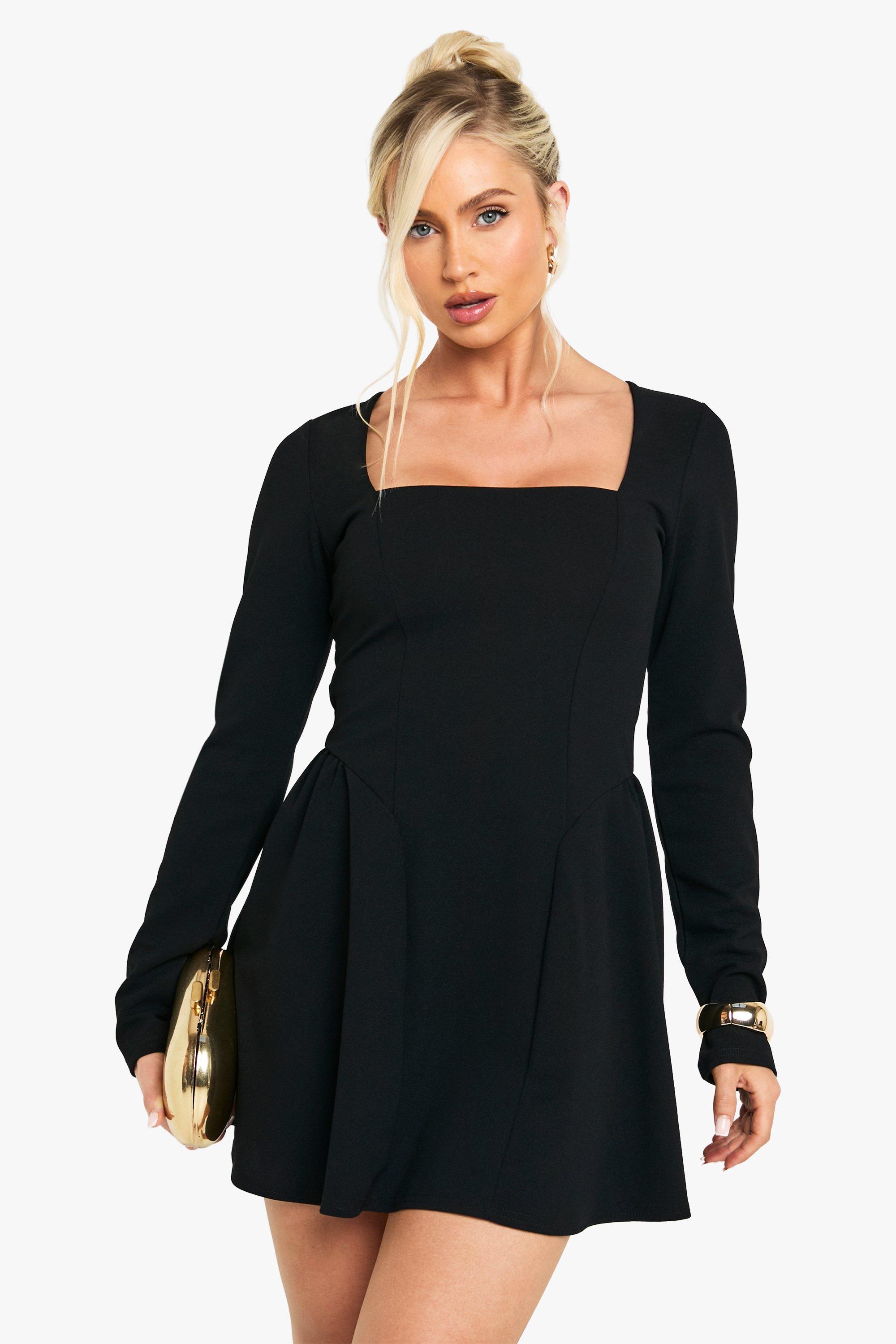 Boohoo Long Sleeve Square Neck Full Skirt Mini Dress, Black
