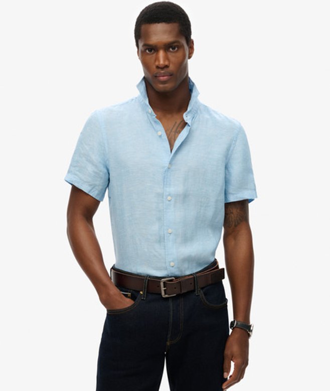 Superdry Linnen Vakantie-overhemd met Korte Mouwen Blue