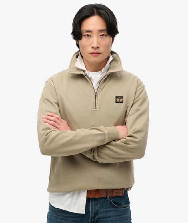 Superdry Sweatshirt met Contrasterende Stiksels en Halve Rits Khaki