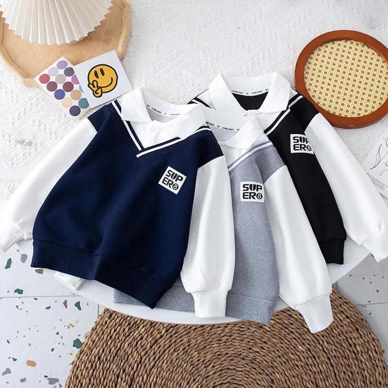 Liyugen Lente- en herfsttruien voor jongens, kinderpoloshirts, nep-tweedelige babykleding 120 marineblauwe kleur