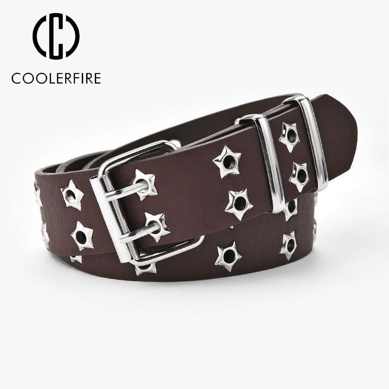 COOLERFIRE FASHION Dames Riem Hoge Kwaliteit Mode Punk Riemen Casual Luxe Designer Jeans Dubbele Rij Riem met Ster Oogje Gesp Riem PK021 110cm koffie