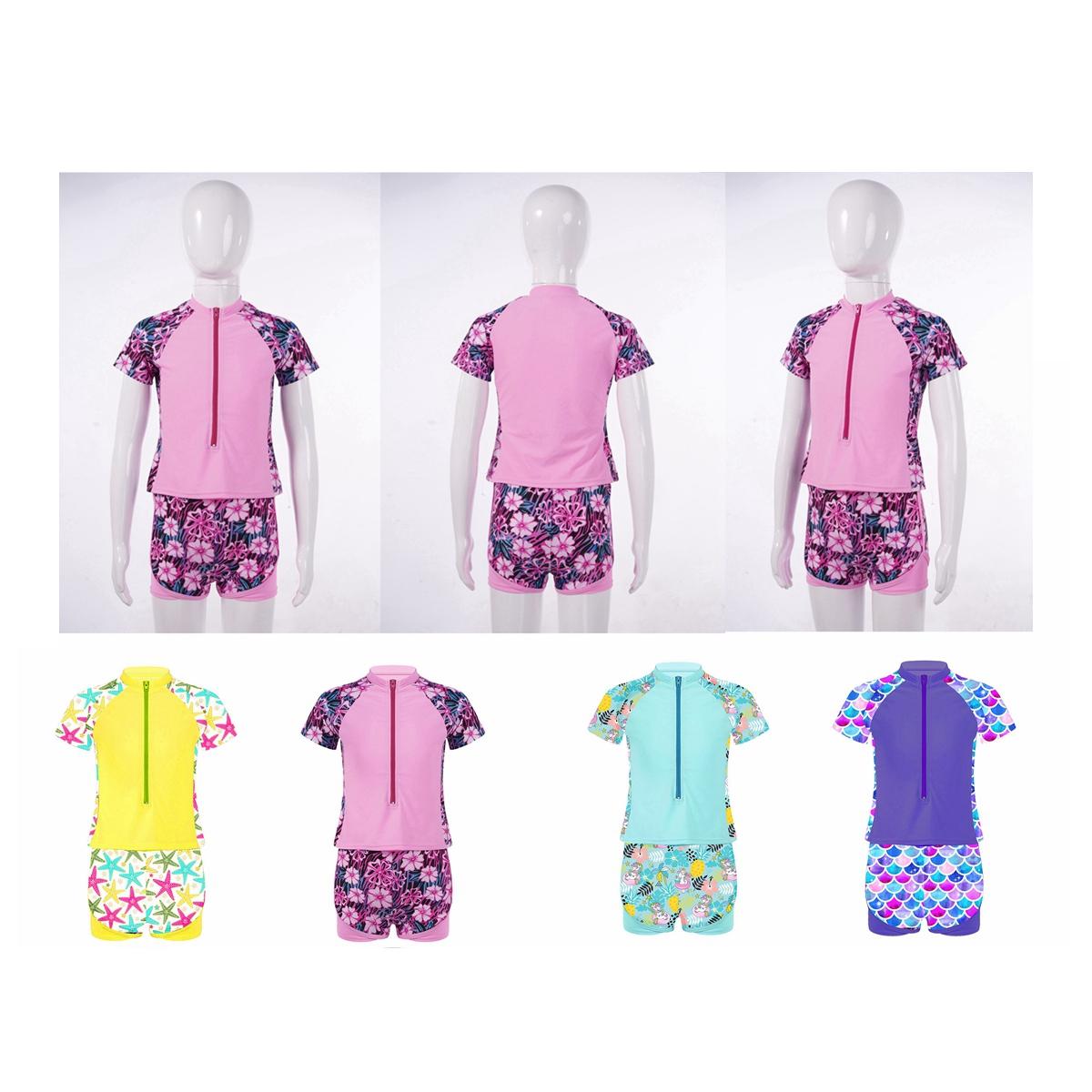 Fldy Kinderen Meisjes Badmode Pak Staande Kraag Korte Mouwen Voorkant Ritssluiting Print Tops Elastische Tailleband Shorts Sets 13-14 Years blauw