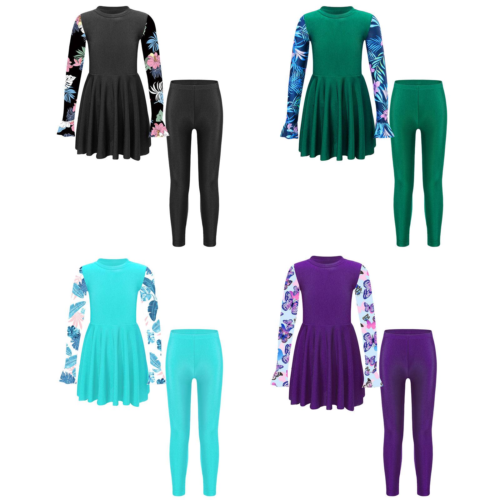 ZDHoor Kinderen Meisjes 2 Stuks Rash Guard Badpak Sets Bloemenprint Lange Mouw Zwemjurk met Legging Zonbescherming Badpak Badmode 7-8 Years meer groene kleur
