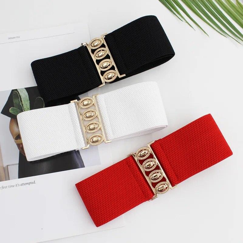 Mango Event Dames Riem Mode Elastische Taillebedekking Gouden Gesp Elastische Taille Sluiting Veelzijdige Brede Riem Gecombineerd Met Jurk Jas Dames Riemen wit
