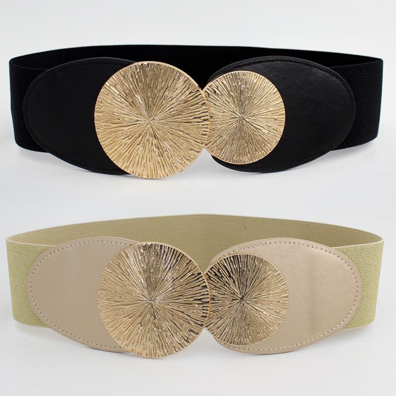VantaGoods Elastische brede tailleband voor dames met ronde metalen gesp - Stijlvol Europees en Amerikaans ontwerp voor jurken en truien 65 cm goud
