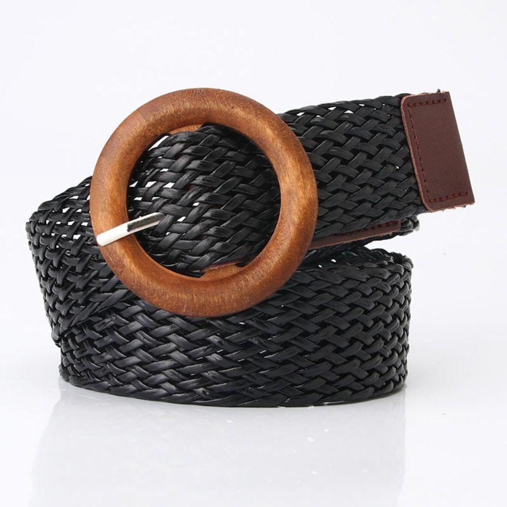 Luoiao368 Vintage Casual Weave Tailleband Houten Gesp Tailleband Damesjurk Cummerbands Boheemse Brede Riem koffie