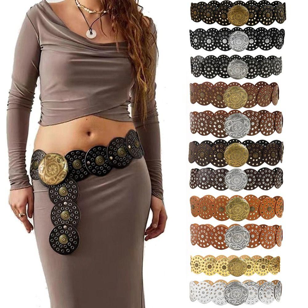 Pmsdbnmh Y2K schijfriemen ronde brede riemen vintage holle riem voor dames Brown-Gold Buckle