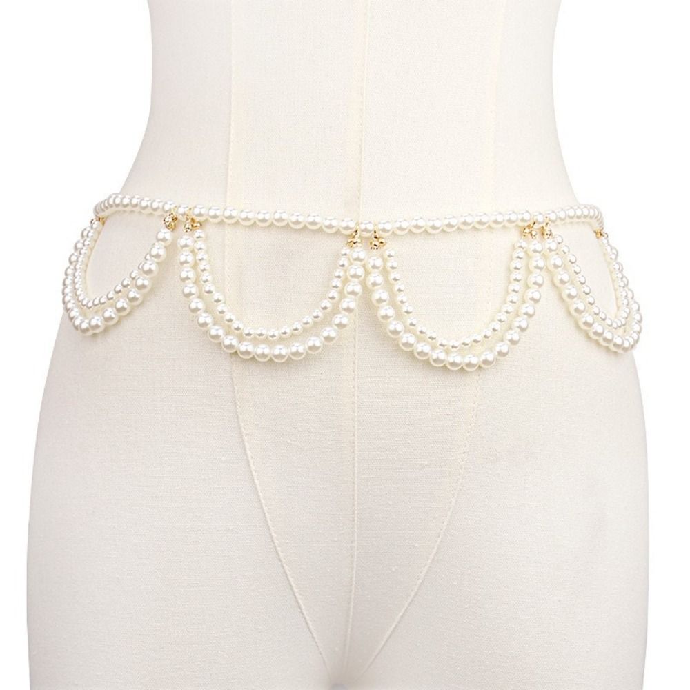 Yanhebin vintage Double layered waist chain elegant Beaded Necklace Imitation Pearls Waist Chains  Women
