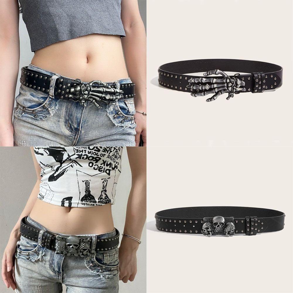 JSxinshijiao Versatile Rivet Belts Punk Gothic Leather Belt Fashion Snap on Waist Belt  Unisex A