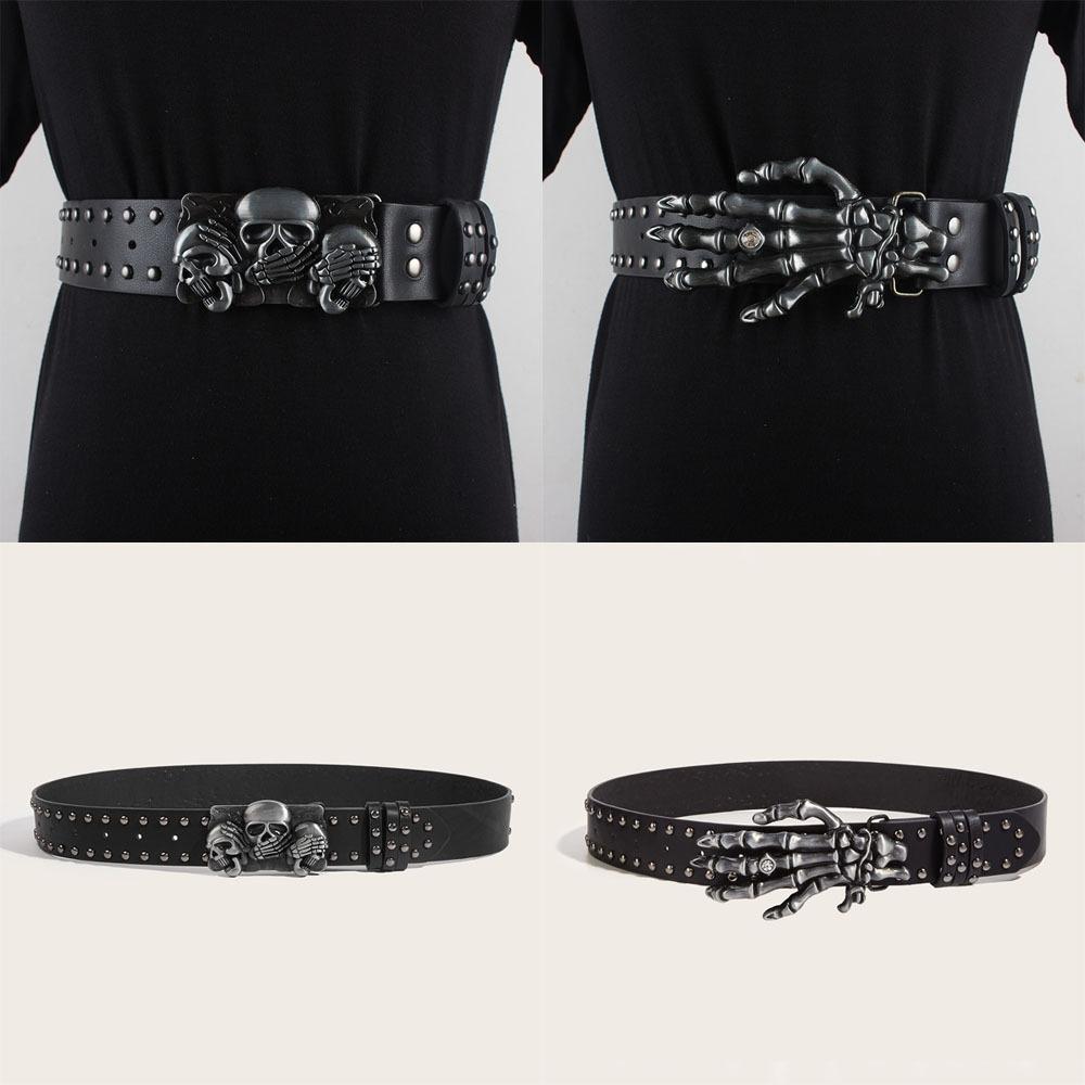 Jinghuayuan Versatile Skull Belt Casual Snap on Waist Belt Fashion Rivet Belts  Unisex A