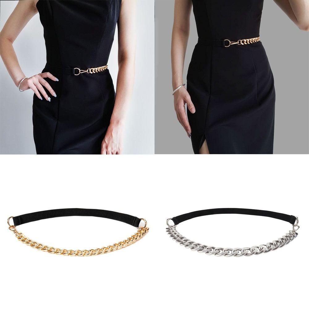 Yumei with Metal Chain Elastic Waist Seal Versatile Suit Coat Waist Chain Vintage Dress Waistband goud