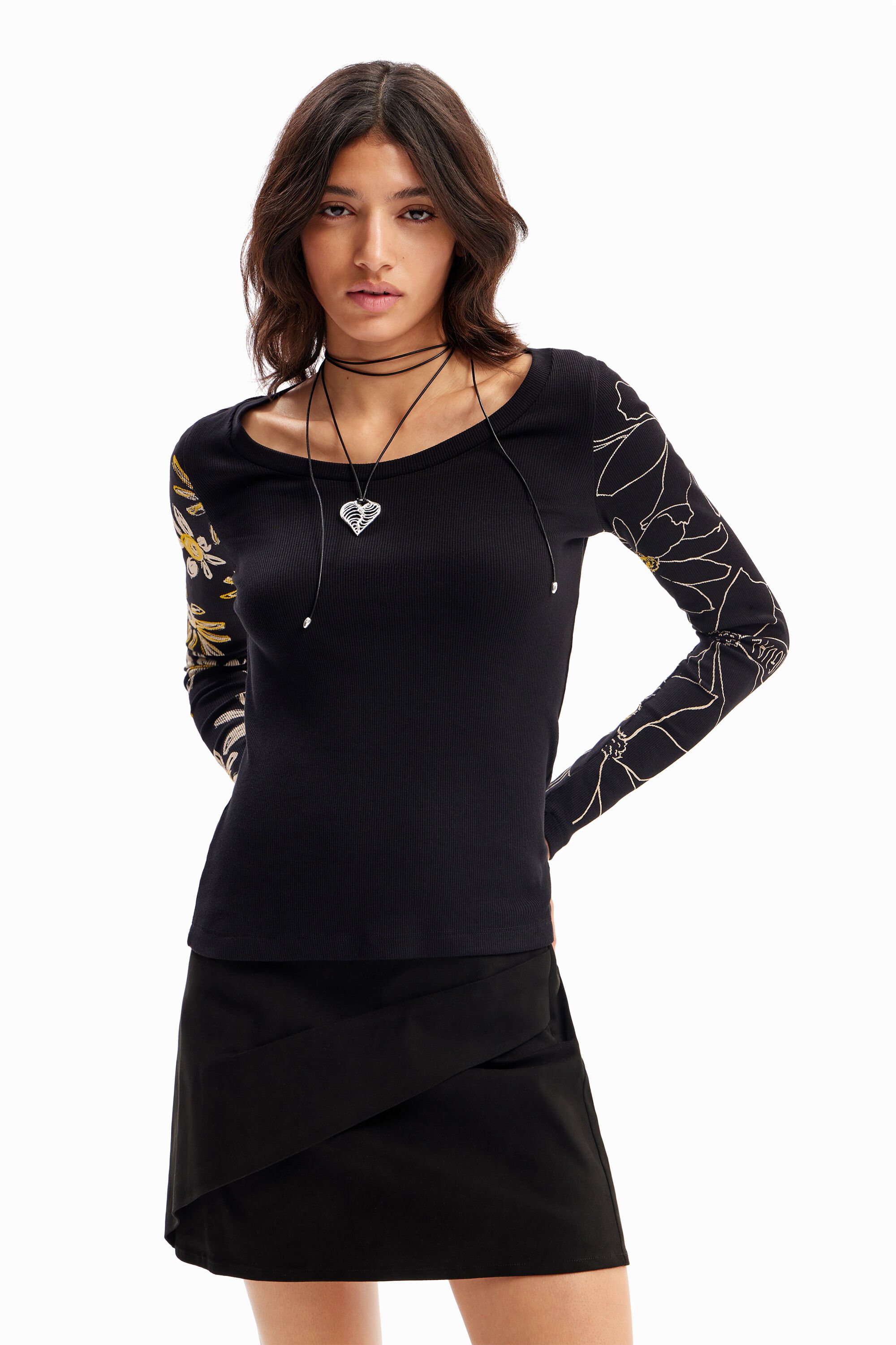 Desigual Geribbeld T-shirt met bloemen - BLACK