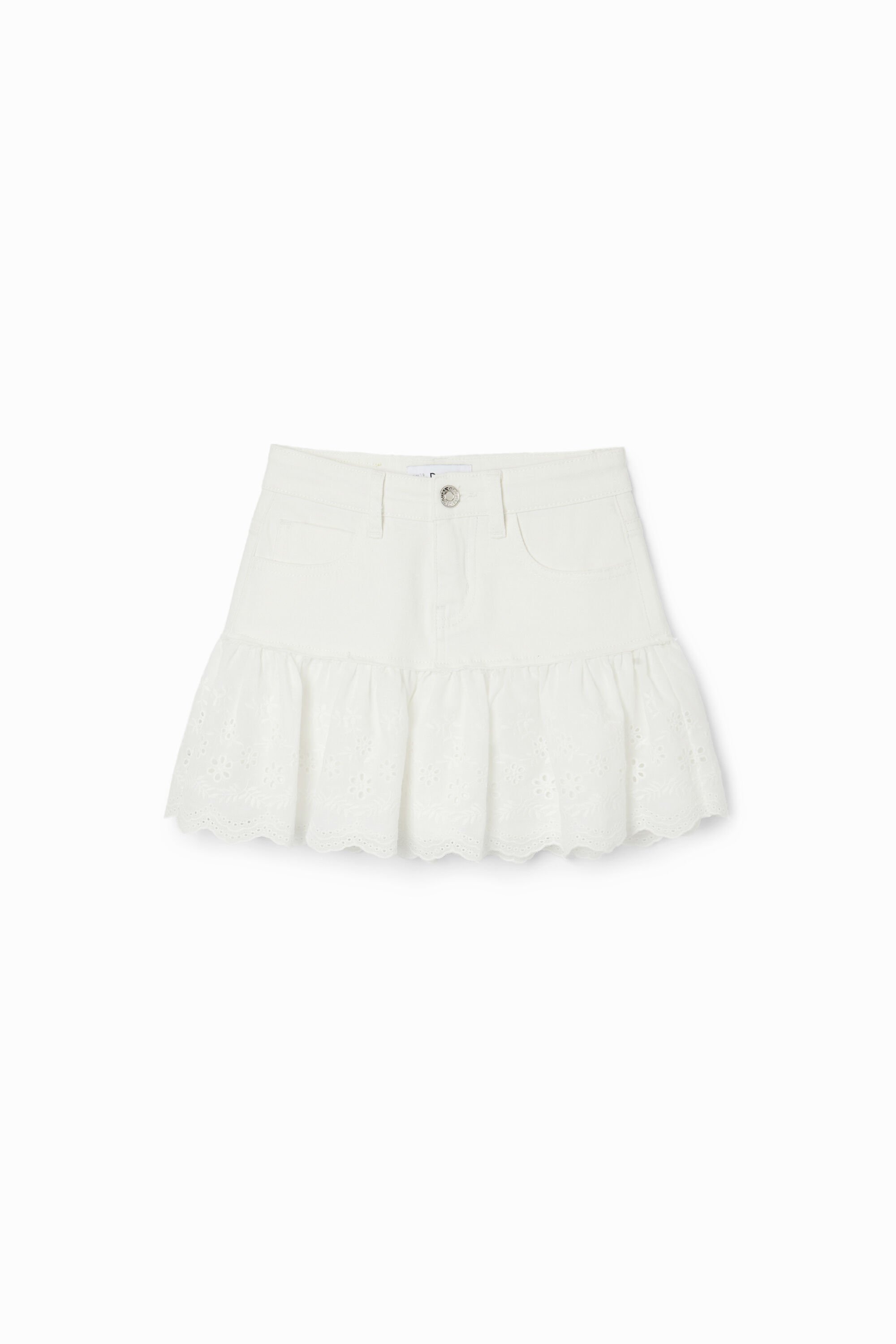Desigual Mini-spijkerrok ruche broderie anglaise - WHITE