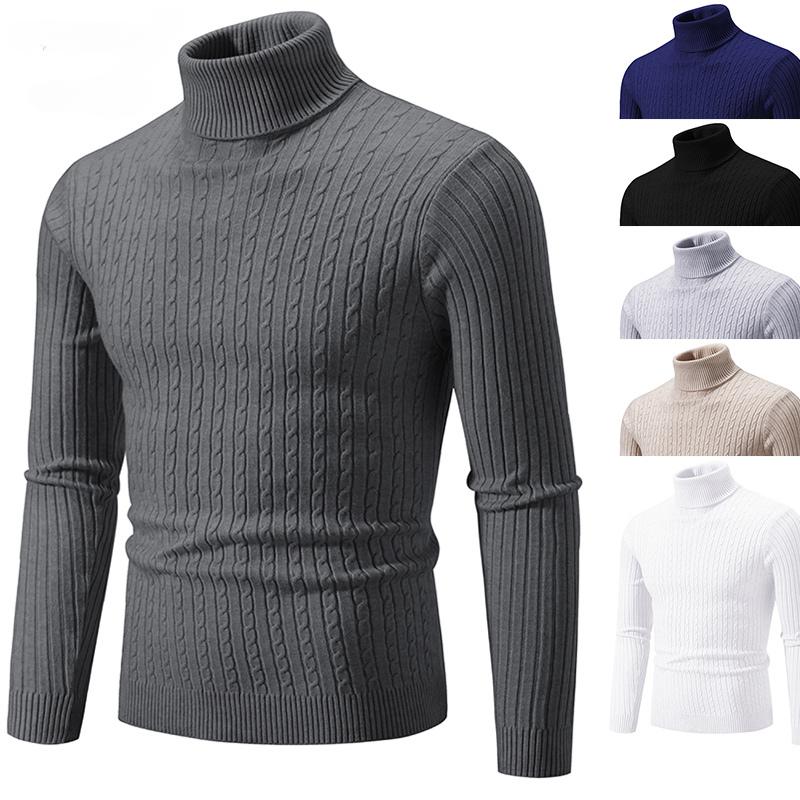 XX86UQ Nieuwe heren trui met hoge hals, effen kleur trui, gebreid, warm, casual coltrui, sweatwear, wollen heren winter outdoor tops XL wit