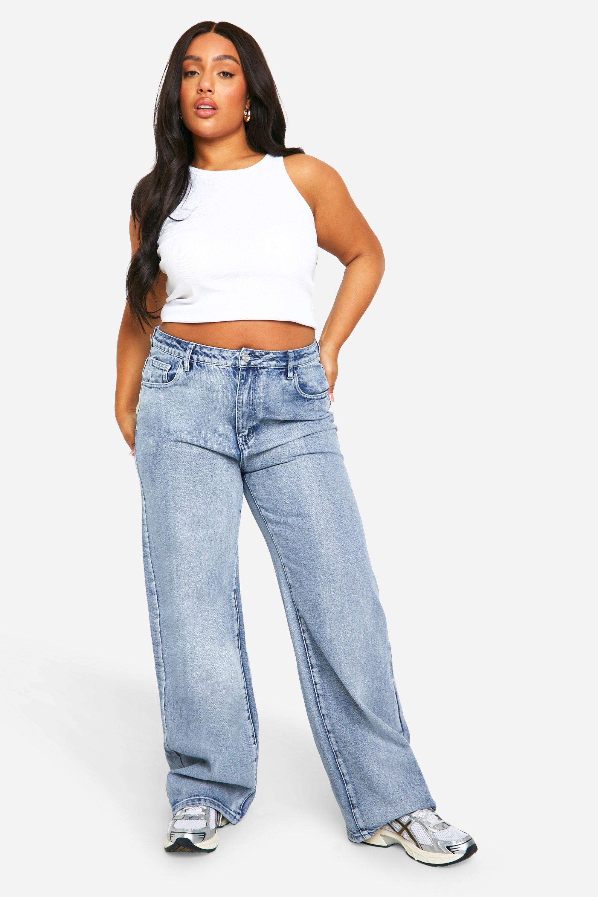 Boohoo Plus Acid Wash Gebleekte Jeans Met Rechte Pijpen, Light Blue
