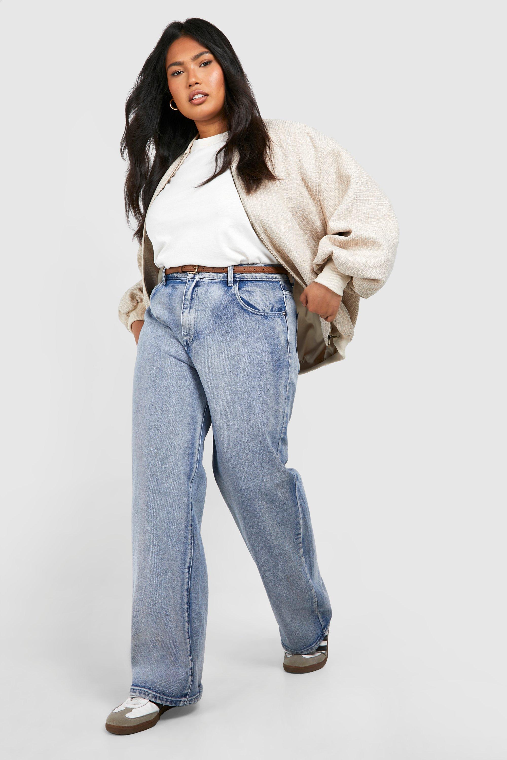 Boohoo Plus Gebleekte Jeans Met Rechte Pijpen, Acid Wash Light Blue