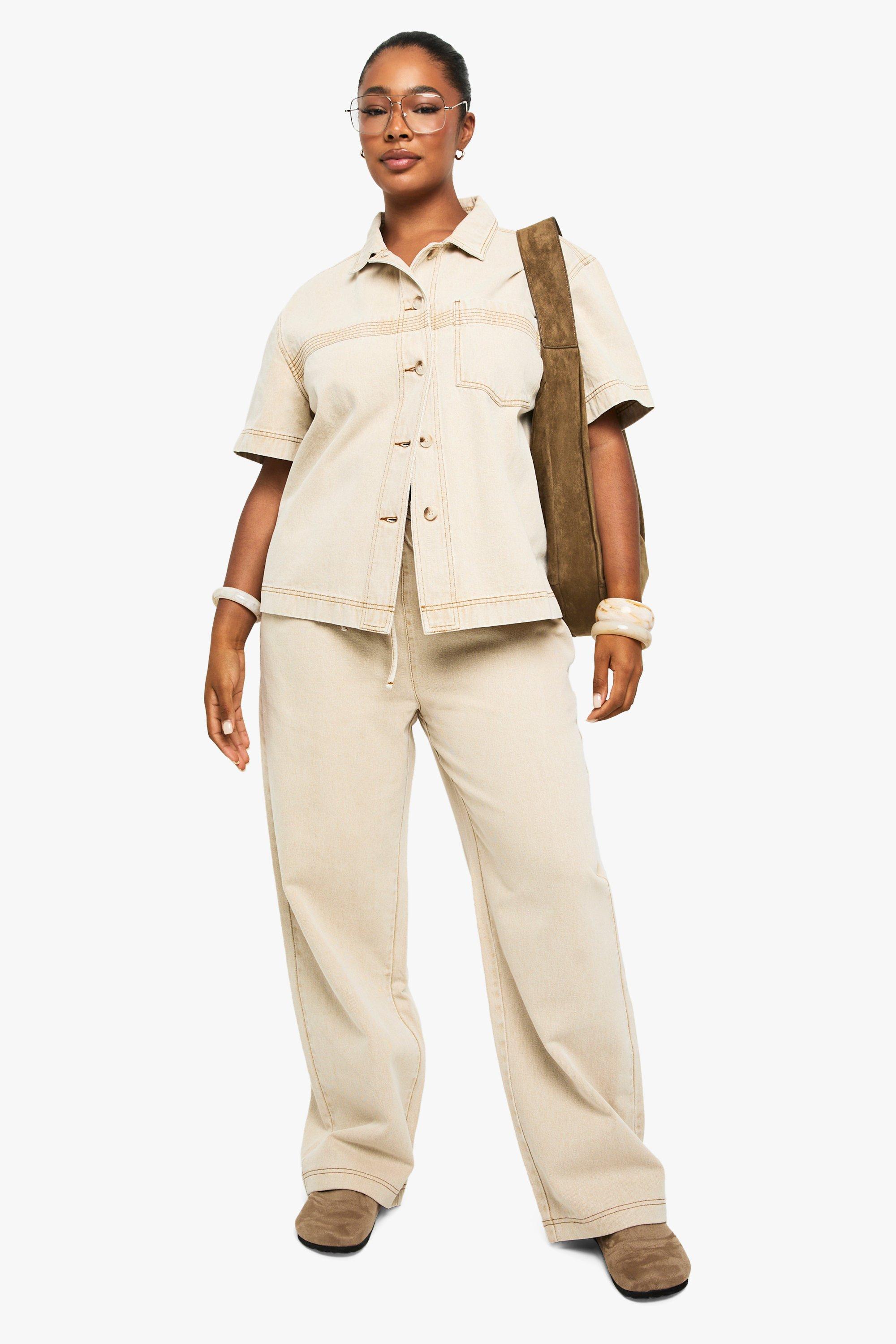 Boohoo Plus Cotton Twill Drawstring Detail Straight Leg Jean, Sand