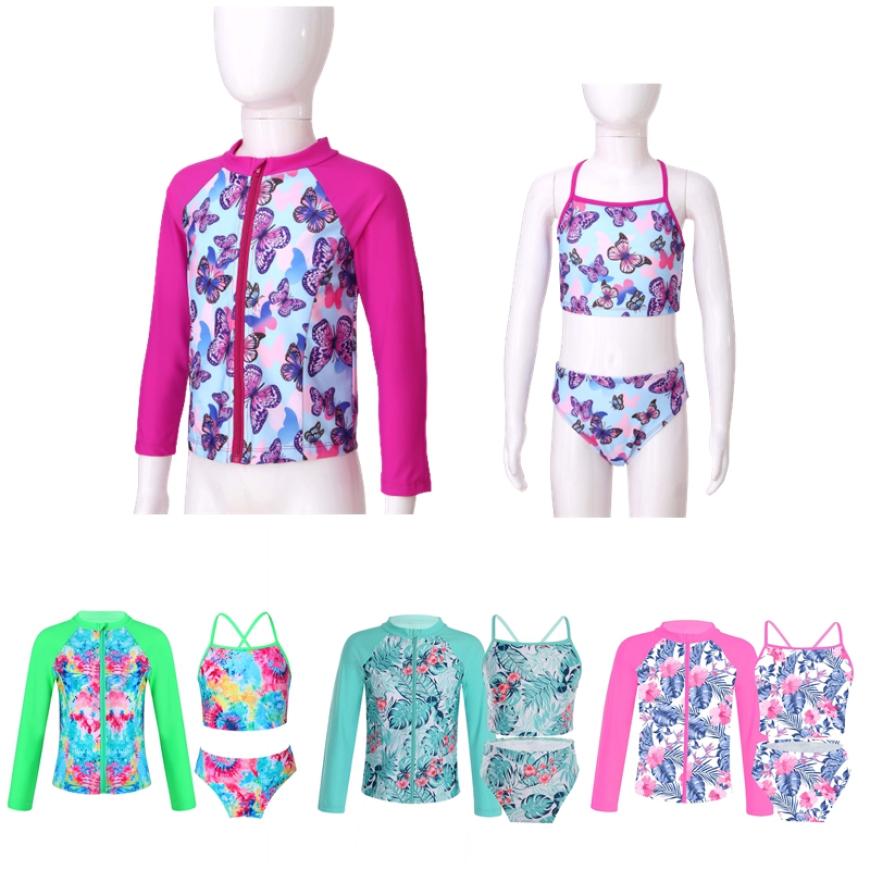 IEFiEL Kinderen Meisjes Lange Mouwen Voorkant Ritssluiting Jas Elastische Tailleband Slips Mouwloos Vest Tops 3Pcs Badpak 7-8 Years roze roze kleur