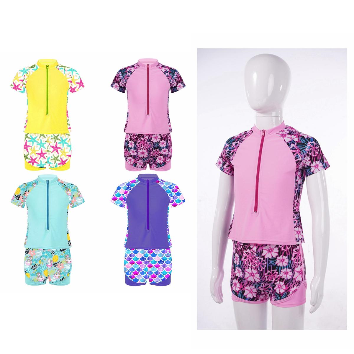ZDHoor Kinderen Meisjes Badmode Pak Staande Kraag Korte Mouwen Voorkant Ritssluiting Print Tops Elastische Tailleband Shorts Sets 13-14 Years blauw