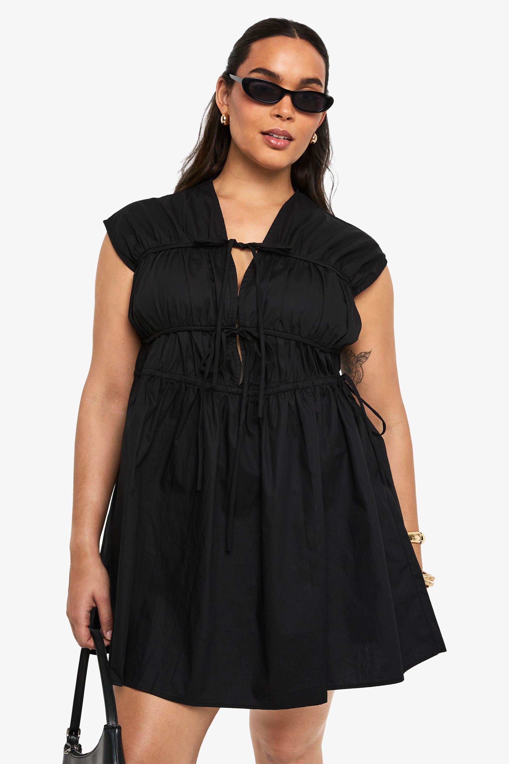 Boohoo Plus Tie Front Skater Dress, Black